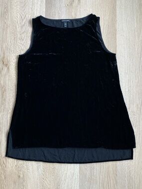 Eileen Fisher Black Velvet Sleeveless Tank Top Sheer Hem Minimalist Party